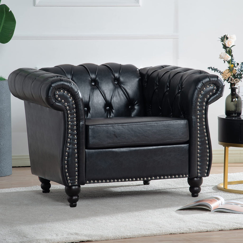 Chesterfield PU Leather Sofa, Upholstered PU Sofa with Tufted Back, Classic 3 Seater Leather Couch Rolled Arm for Living Room Office, Black
