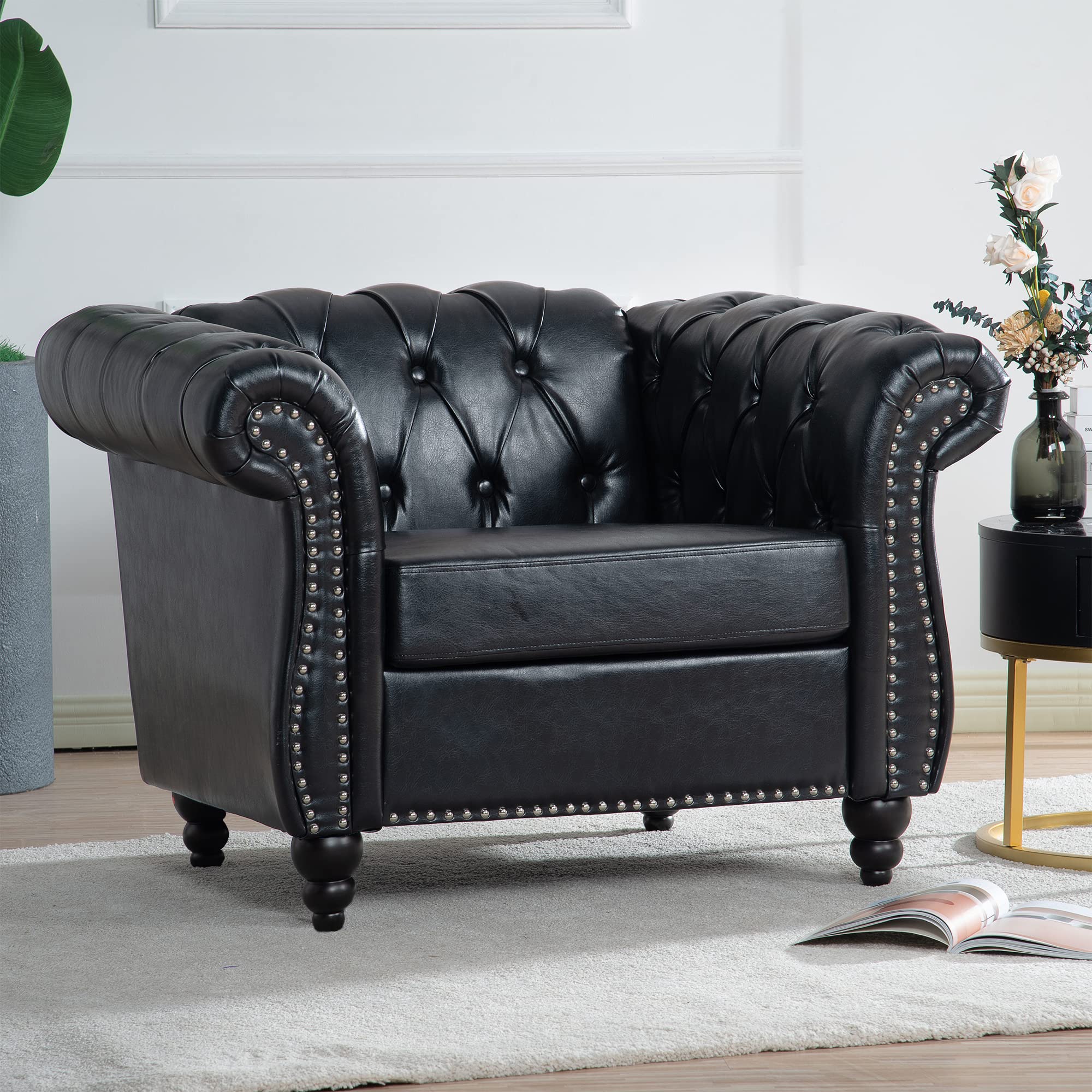 Chesterfield PU Leather Sofa, Upholstered PU Sofa with Tufted Back, Classic 3 Seater Leather Couch Rolled Arm for Living Room Office, Black