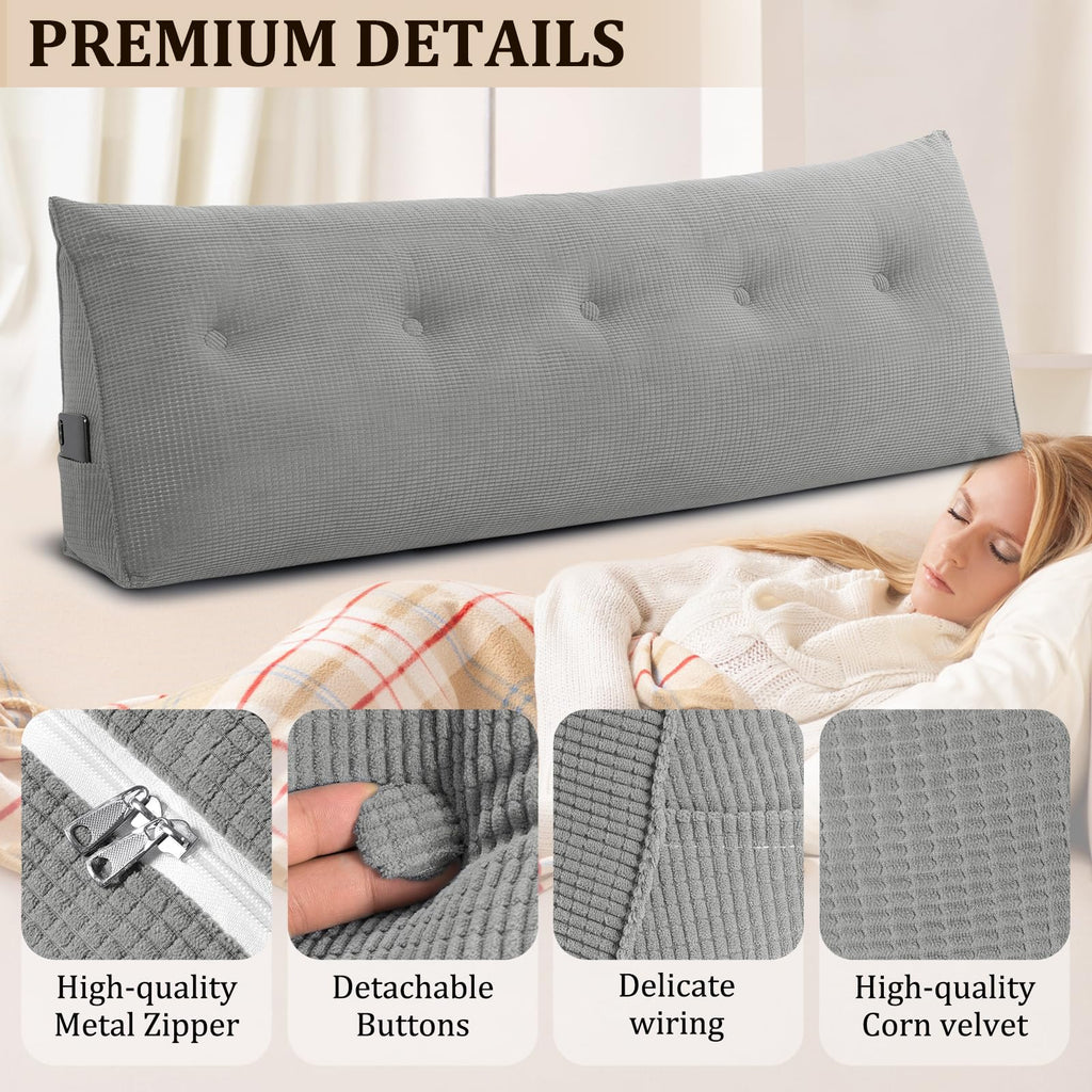 Huatean Home Headboard Pillow Queen, Backrest Triangular Wedge Pillow Headboard Queen, Large Cushion Headboard Wedge Pillows for Sitting in Bed, Daybed Bolster Pillow Headboard for Back Support, Gray