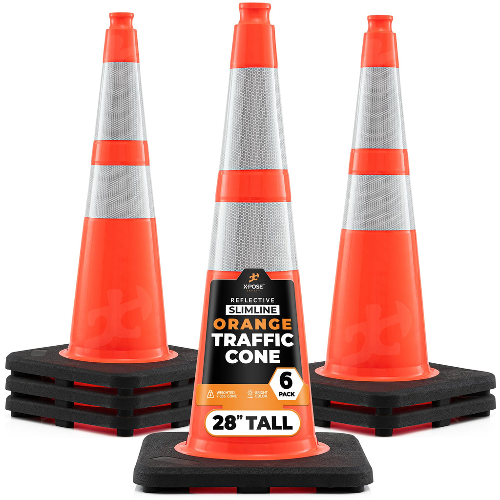 Xpose Safety 28 Inch Orange Slim Line Traffic Cones with 6" & 4" Collars, 24 Pack Multipurpose PVC Plastic Safety Cone for Parking, Soccer, Caution, Kids & Construction - DOT Approved