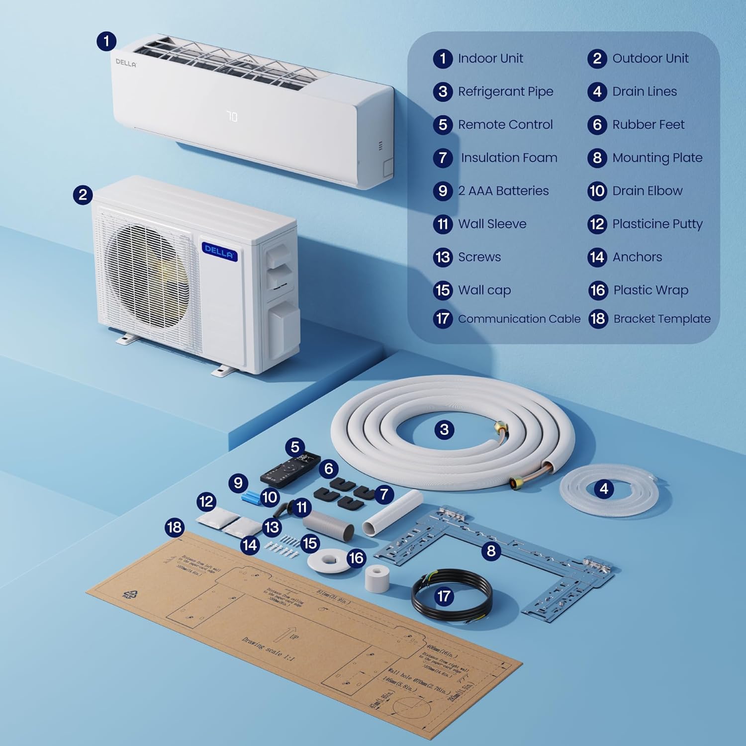 DELLA Vario Series 12000 BTU Mini Split Air Conditioner Work with Alexa with 1 Ton Pre-Charged Heat Pump Ductless Inverter System, 19 SEER2, Cools Up to 550 Sq. Ft,16.4ft Installation Kit Included