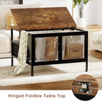 FABATO Flip Top Coffee Table, Square Coffee Tables Metal Wood, Farmhouse Lift Up Coffee Table Cocktail Table with Wire Mesh Barn Door and Storage, Steel Frame, Small Tea Table for Living Room, Black