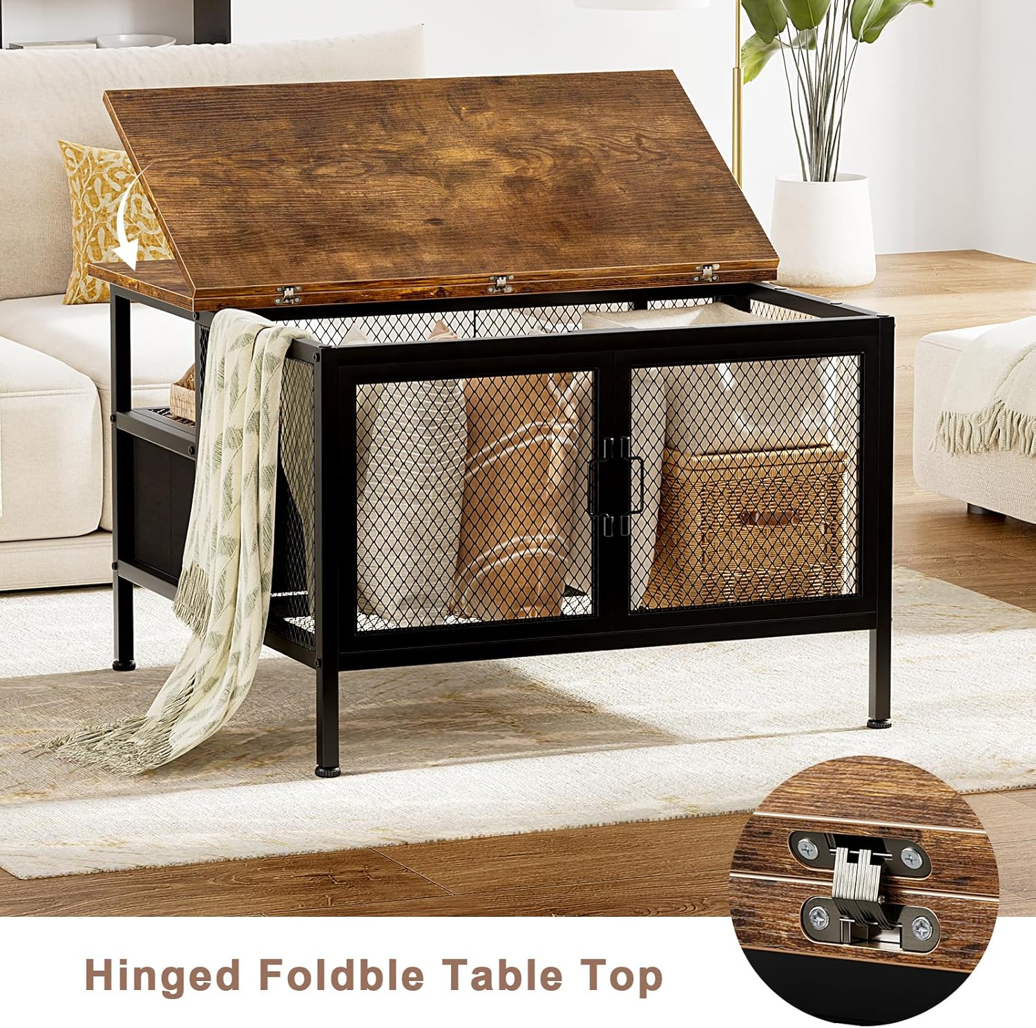 FABATO Flip Top Coffee Table, Square Coffee Tables Metal Wood, Farmhouse Lift Up Coffee Table Cocktail Table with Wire Mesh Barn Door and Storage, Steel Frame, Small Tea Table for Living Room, Black