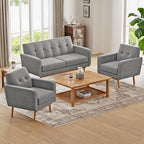 HUIMO Living Room Set, Button Tufted Living Room Furniture Sets, Upholstered Modern Couch Set with Solid Frame, Deep Seat Sofa Set for Living Room, Office (Light Grey, 3 Piece Set-1*loveseat+2*Chair)