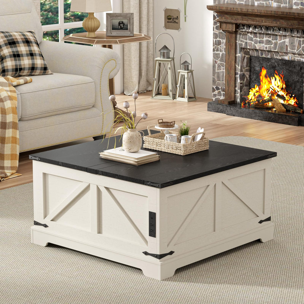 Coffee Table with Storage, 31.5" W Farmhouse Lift Top Wood Square Center Table with Charging Station, Rustic Cocktail Tables with Flip Top Lids for Living Room, Home Office, Rustic White