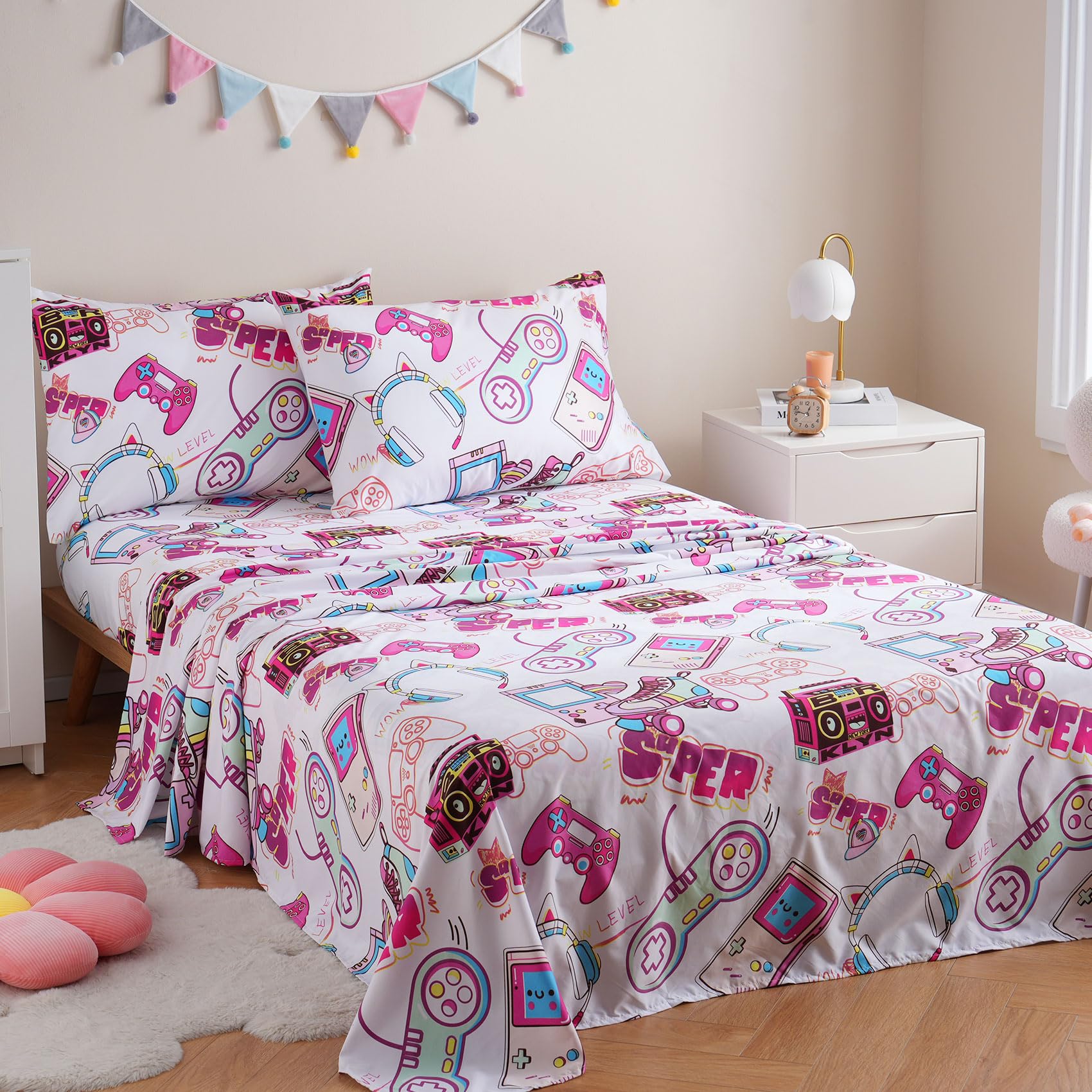 ست ملحفه کودکان یونیکورن صورتی JSD، سایز تویین، ۳ تکه، ملحفه‌های رختخواب میکروفایبر چاپ شده با طرح رنگین کمان برای دختران، جیب عمیق