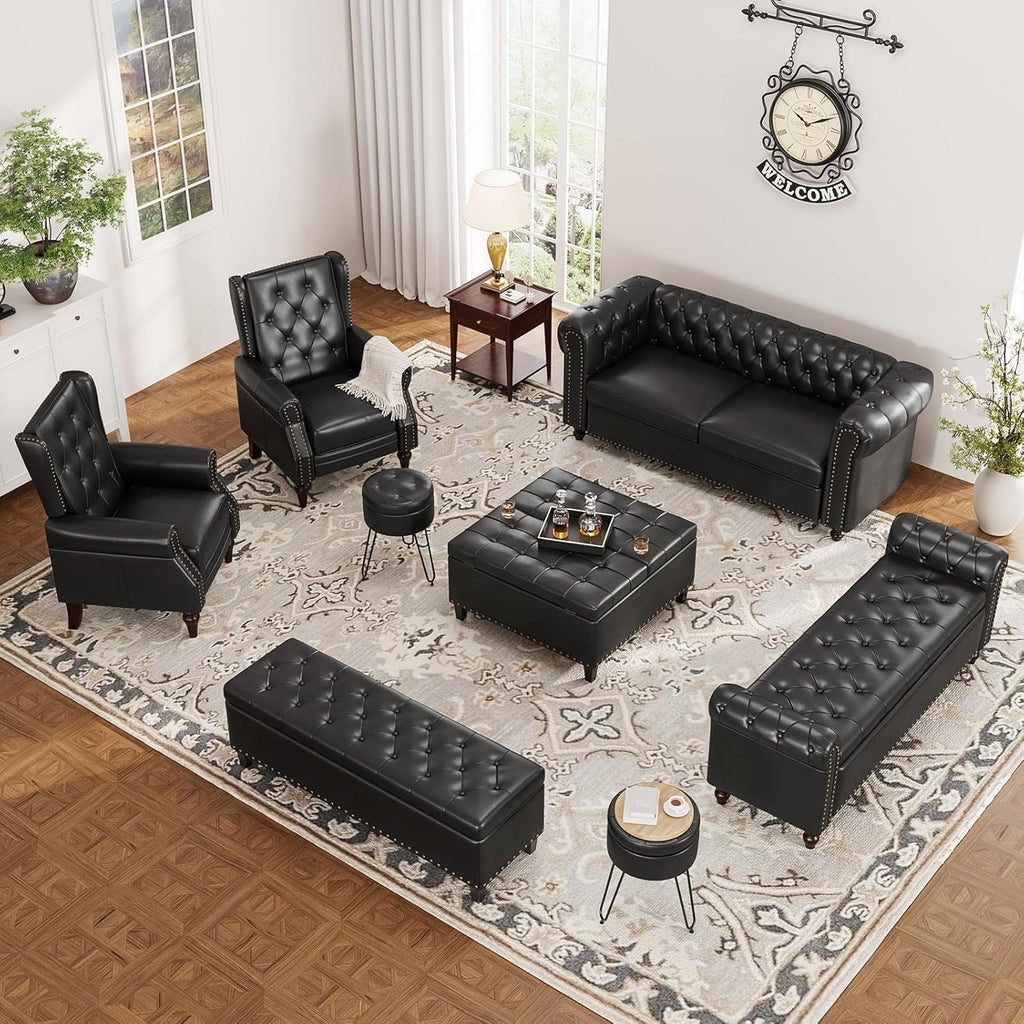72 Inch Black Sofa, Chesterfield Faux Leather Couch with Wooden Legs, Tufted Leather Sofa with Rolled Arms, Mid Century Modern Couch with Rivets for Living Room, Apartment, Office