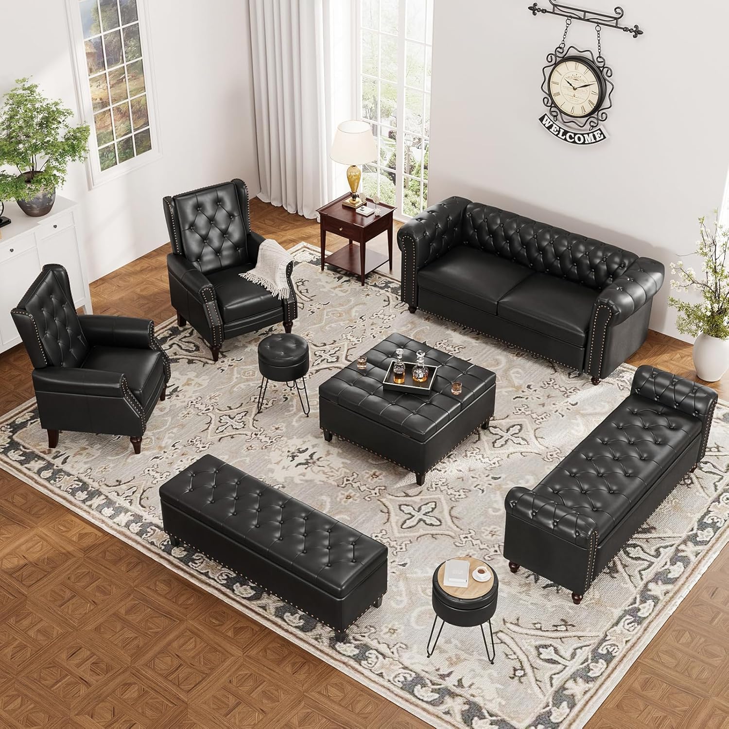 72 Inch Black Sofa, Chesterfield Faux Leather Couch with Wooden Legs, Tufted Leather Sofa with Rolled Arms, Mid Century Modern Couch with Rivets for Living Room, Apartment, Office