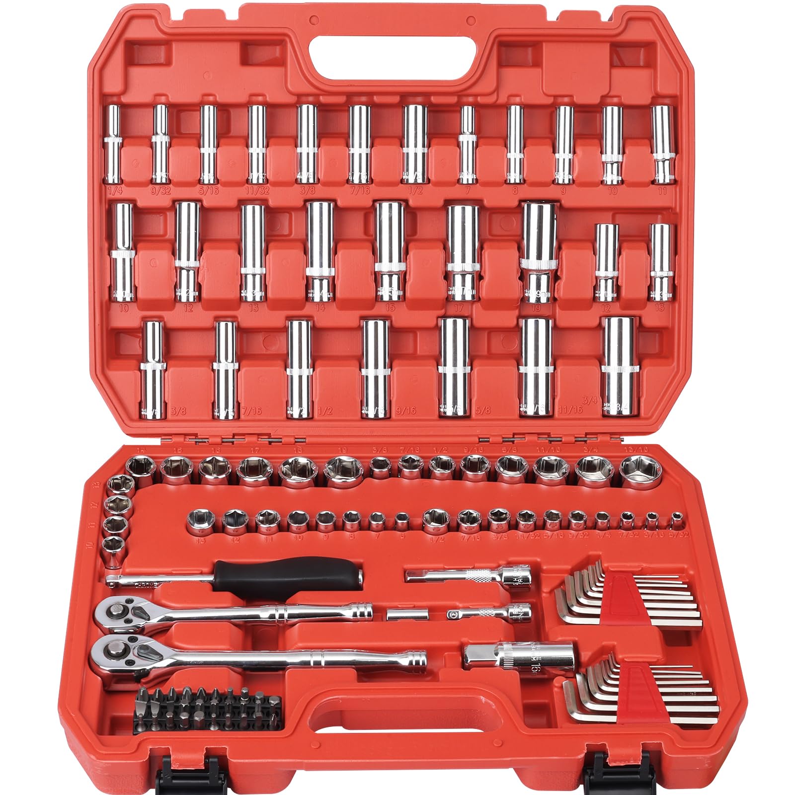 Egofine 46 Pieces 1/4 inch Drive Socket Ratchet Wrench Set, with Bit Socket Set Metric and Extension Bar for Auto Repairing and Household, with Storage Case