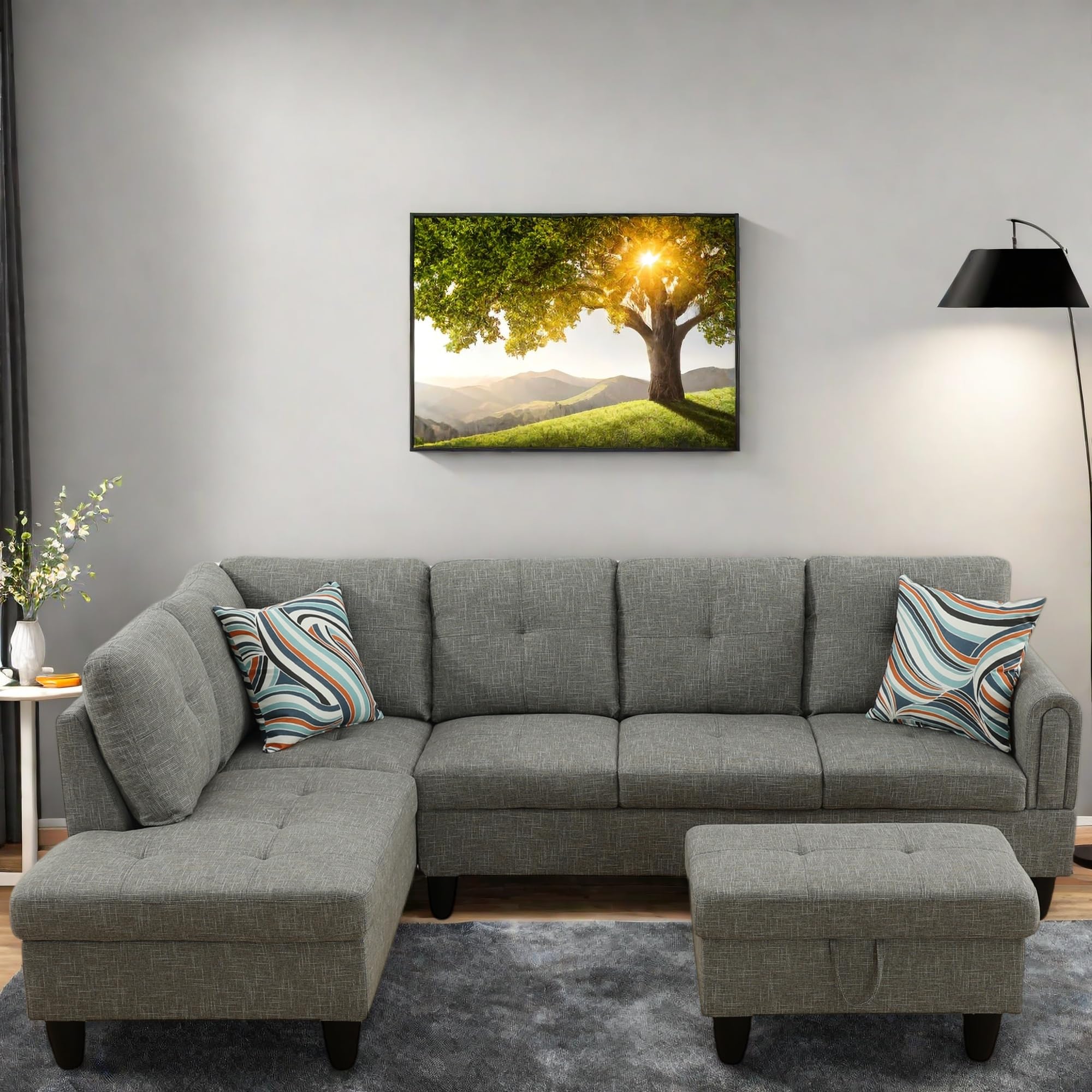 L Shaped Couch, Lounge Sectional Sofa with Chaise for Living Room, 6 Seat Modern Modular Couches with Movable Storage Ottoman, Black Grey