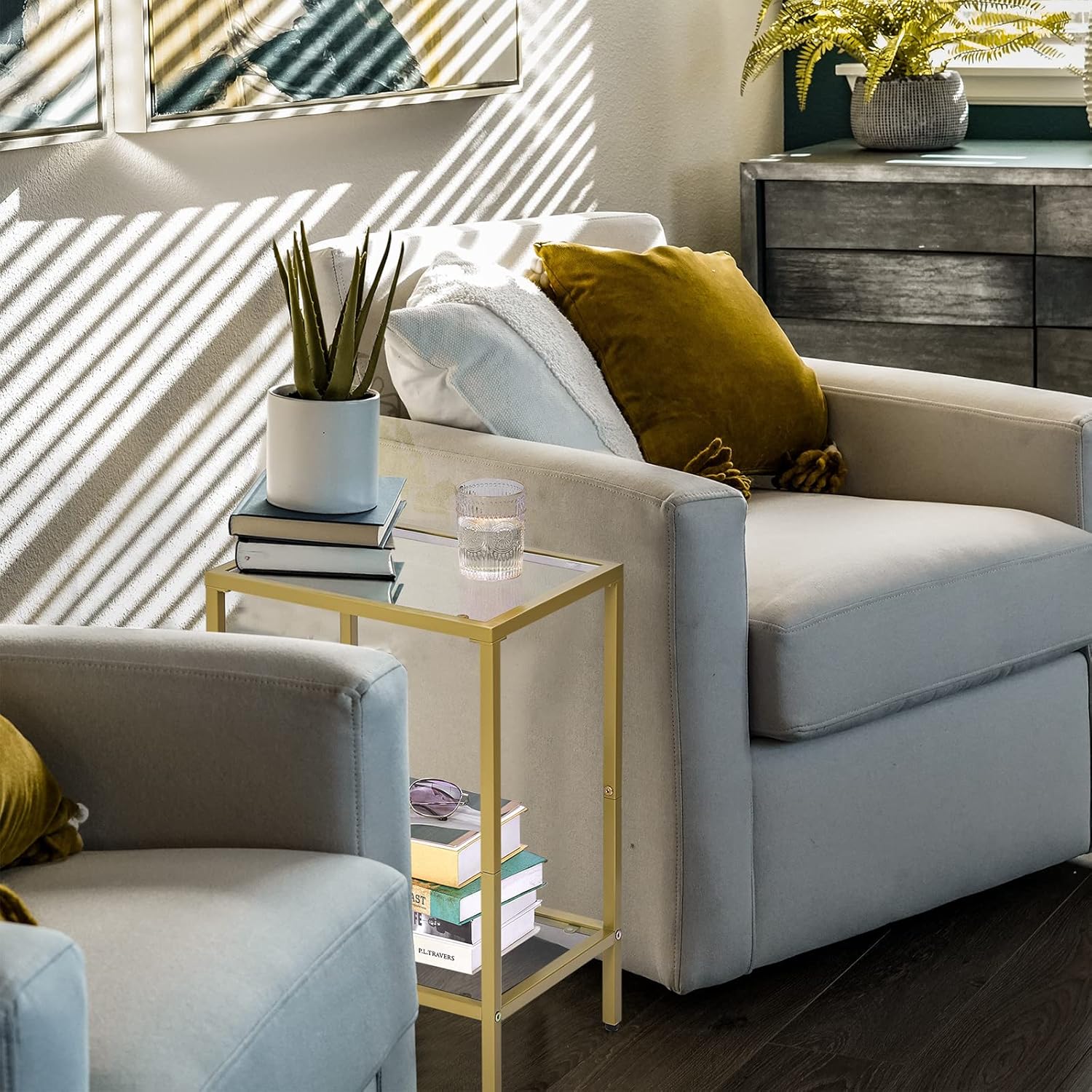 Side Tables Set of 2, End Tables with Tempered Glass, 2-Tier Nightstands with Storage Shelves, Coffee Table with Modern Style, Slim Sofa Table for Living Room, Bedroom, 11.8" D x 15" W, Golden