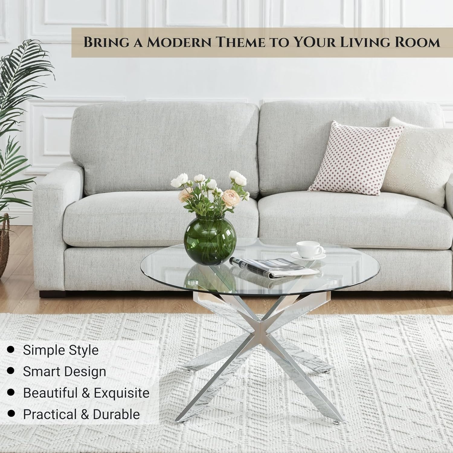 Round Glass Coffee Tables for Living Room, Home Office, Modern & Simple Center Table with Clear Tempered Glass Top, 35.5" Wx19.7 H Silver