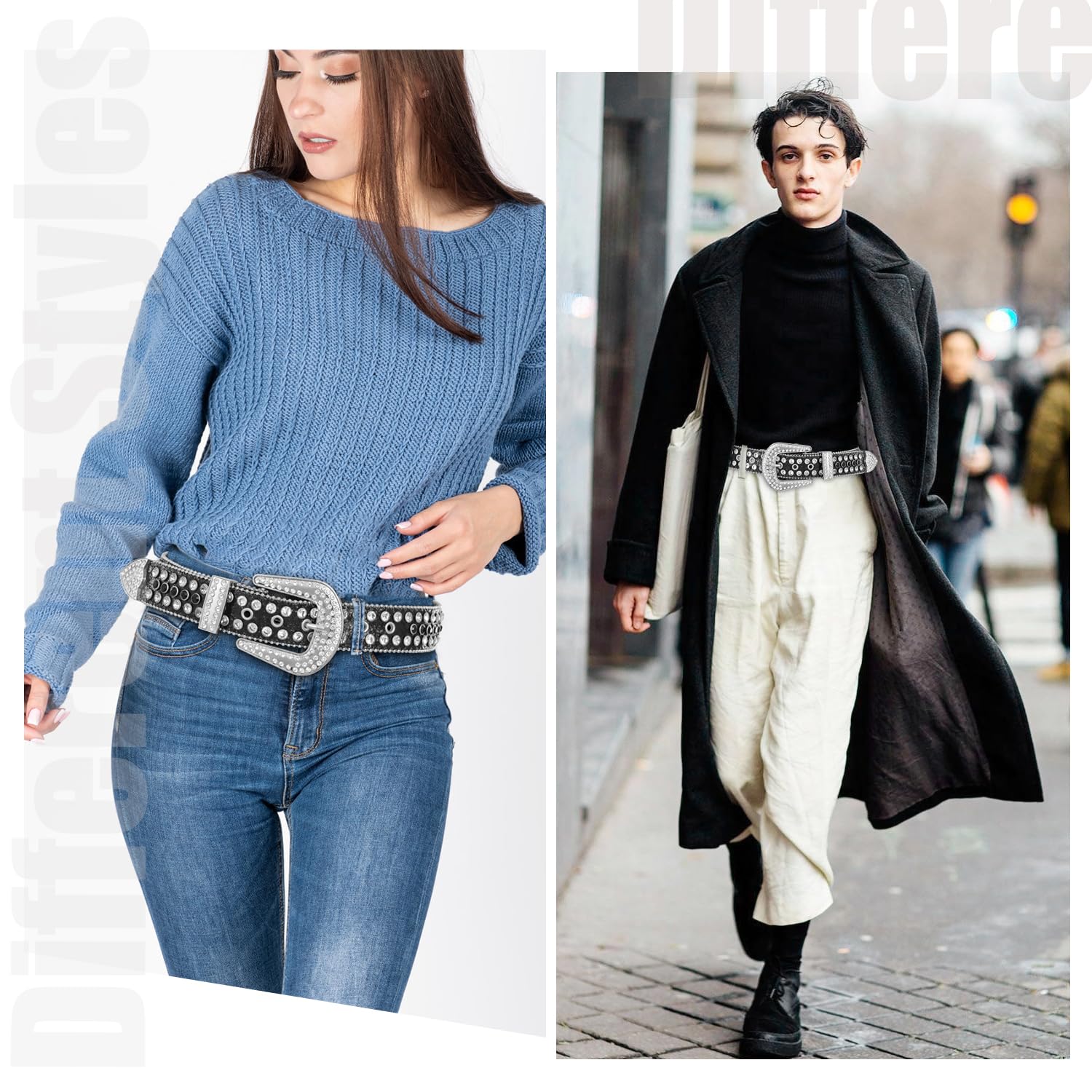 FIORETTO Men Women Rhinestone Belt Bling Shining Diamond Cowgirl Cowboy Western Studded Leather Belt Waist Belt for Jeans Pants Black Silver