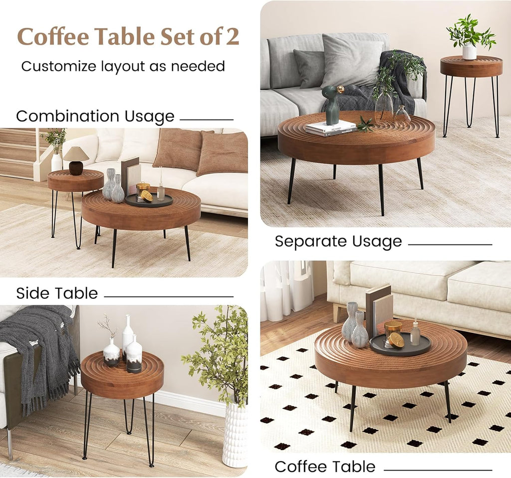 Giantex Boho Round Coffee Table Set of 2, Sofa Side Nesting Table with Solid Pine Wood Top, Metal Legs & Adjustable Foot Pads, 31.5" D Large Table Set for Living Room (Ring Pattern, Brown)
