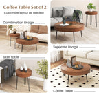 Giantex Boho Round Coffee Table Set of 2, Sofa Side Nesting Table with Solid Pine Wood Top, Metal Legs & Adjustable Foot Pads, 31.5" D Large Table Set for Living Room (Ring Pattern, Brown)