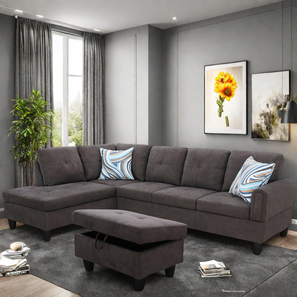 L Shaped Couch, Lounge Sectional Sofa with Chaise for Living Room, 6 Seat Modern Modular Couches with Movable Storage Ottoman, Black Grey