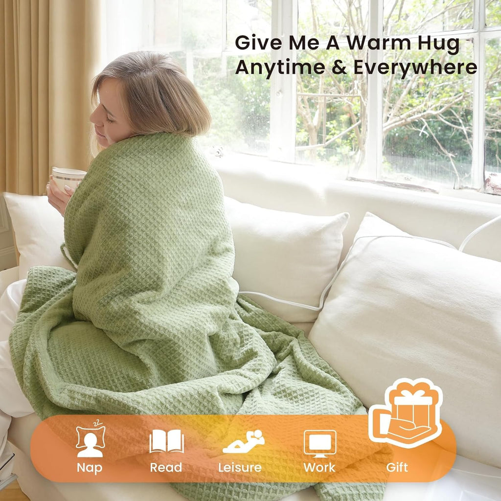 Heated Blanket Electric Throw Waffle, 50x60 Inches Sherpa Fleece Fast Heating Blanket 6 Heating Levels & 4 Hours Auto Off ETL Certification, Sage Green Throw
