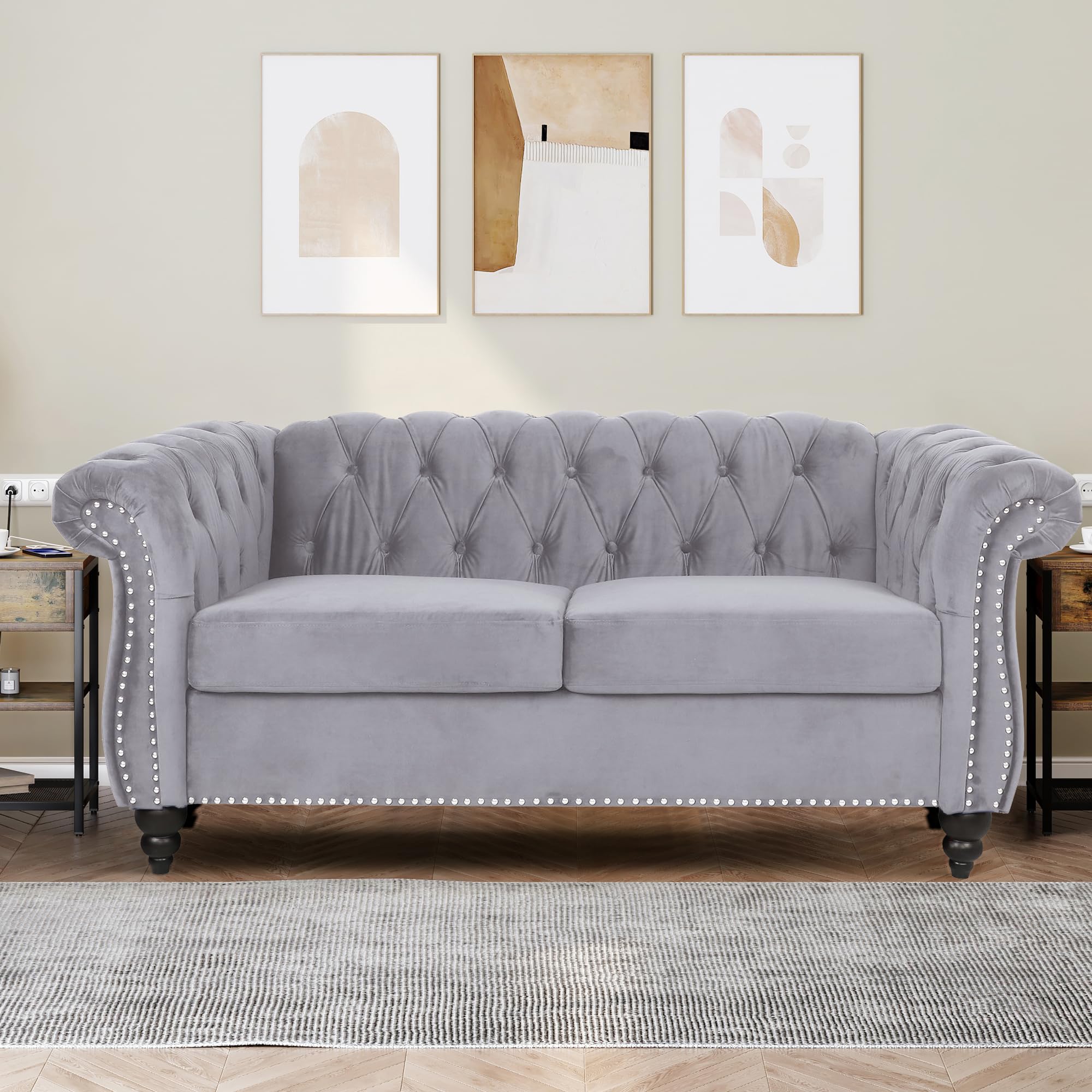 Home Sofa Living Room Furniture, 3 Seater 84" Velvet Upholstered Couch, Mid Century Modern Comfy Couch with Cushions, Classic Tufted Chesterfield Couches for Bedroom, Office, Apartment (Orange)