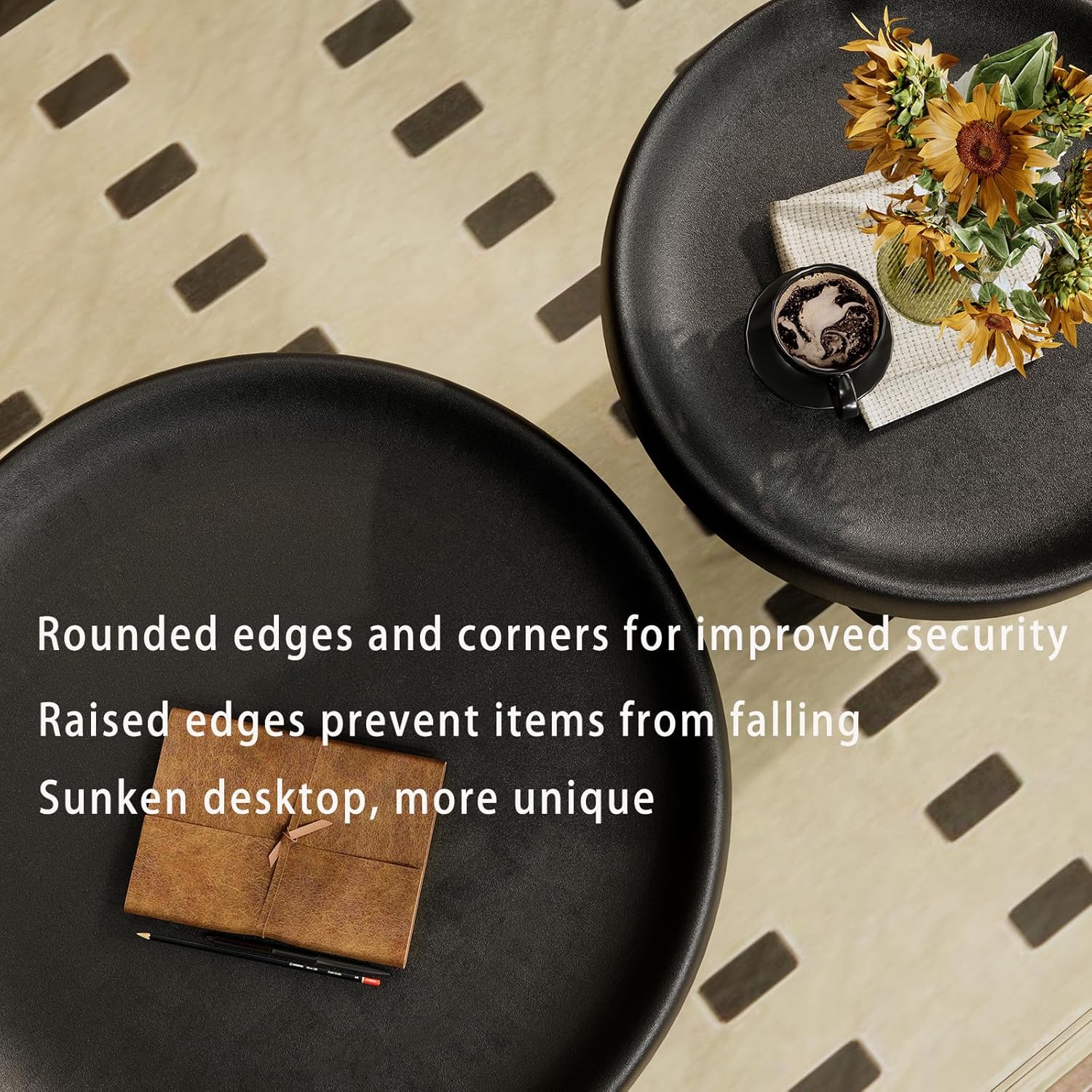 Round Side Table, Modern end Table,Metal Accent Table,Small Coffee Table,Unique Circle Accent Table for Living Room,Bedroom (Black, Small Circle：19.3 x 19.7（in）)