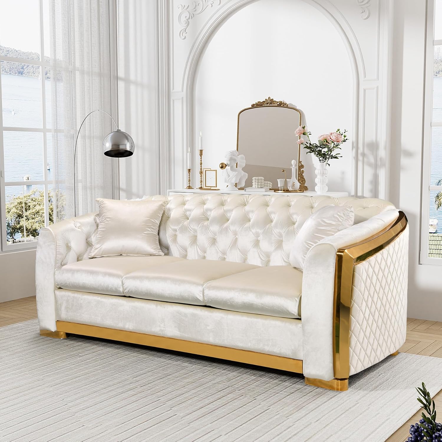 Mid Century Modern Chesterfield Sofa Couch, 81" Velvet Couch White and Gold Sofa Luxury Curved Loveseat for Living Room, 3 Seat Tufted Sofas with 2 Pillows & Classic Gold Legs, Beige White