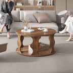 HSH Round Wood Coffee Table, 2 Tier Circle Center Table with Storage, Farmhouse Modern Wooden Living Room Coffee Tea Tables, Unique Vintage Circular Middle Cocktail Table, 31.5 in Rustic Brown