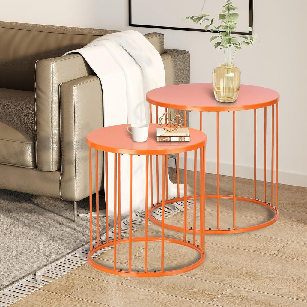 LEWIS&WAYNE Outdoor Side Table Set of 2, Metal Circle Accent End Tables for Balcony Backyard Garden Indoor Living Room, Durable Nesting Coffee Tables, 20”+16” Dia, Orange