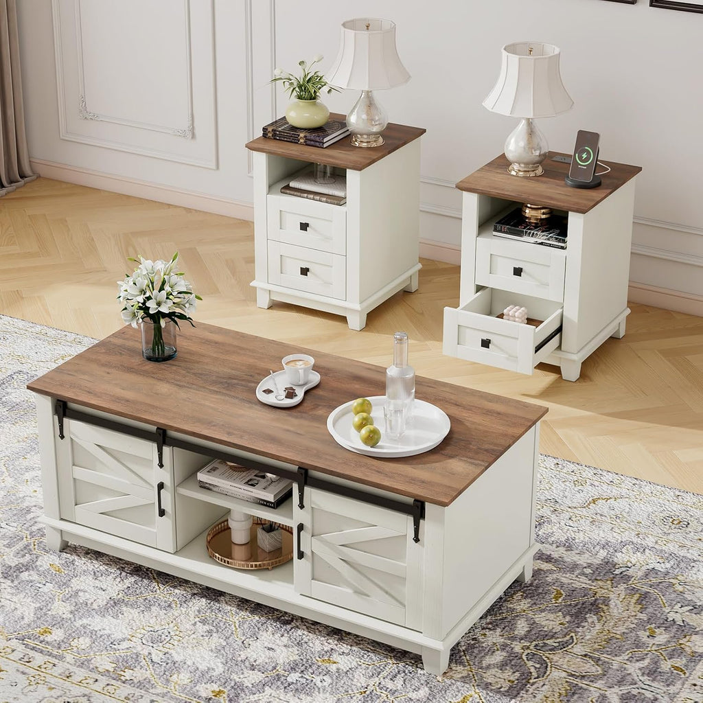 Farmhouse Table Set of 3, Coffee Table with Sliding Barn Doors, End Tables Set of 2 with Charging Station for Living Room & Bedroom, Sliding Barn Doors, 2 Tiers Storage Drawer, Antique White