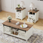 Farmhouse Table Set of 3, Coffee Table with Sliding Barn Doors, End Tables Set of 2 with Charging Station for Living Room & Bedroom, Sliding Barn Doors, 2 Tiers Storage Drawer, Antique White
