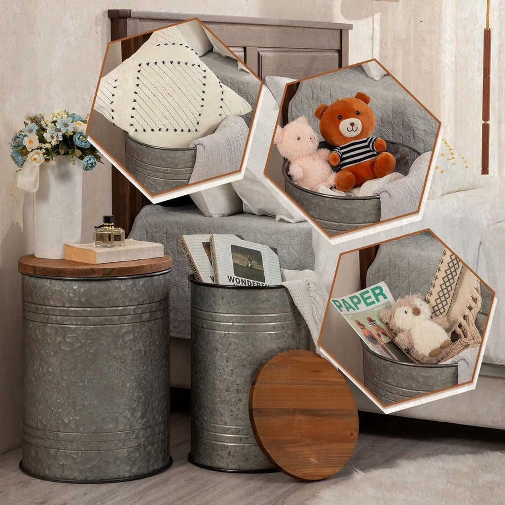 Poofzy Farmhouse End Tables Set of 2, Galvanized Metal Decor Side Table with Wood Lid, Coffee Table Storage Stool for Living Room (Grey)