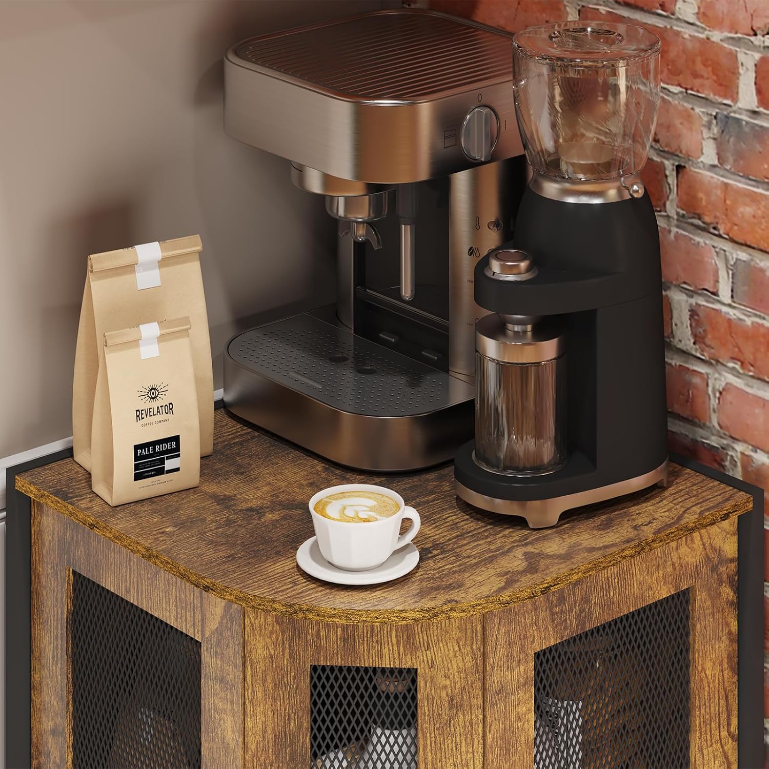 keomaisyto Coffee Bar Cabinet, 3-Tier Corner Coffee Cabinet with Storage Shelf & 18.7" Countertop, Rustic Wood Corner Bar Station with Magnetic Door for Kitchen/Entrance/Living Room/Dining Room