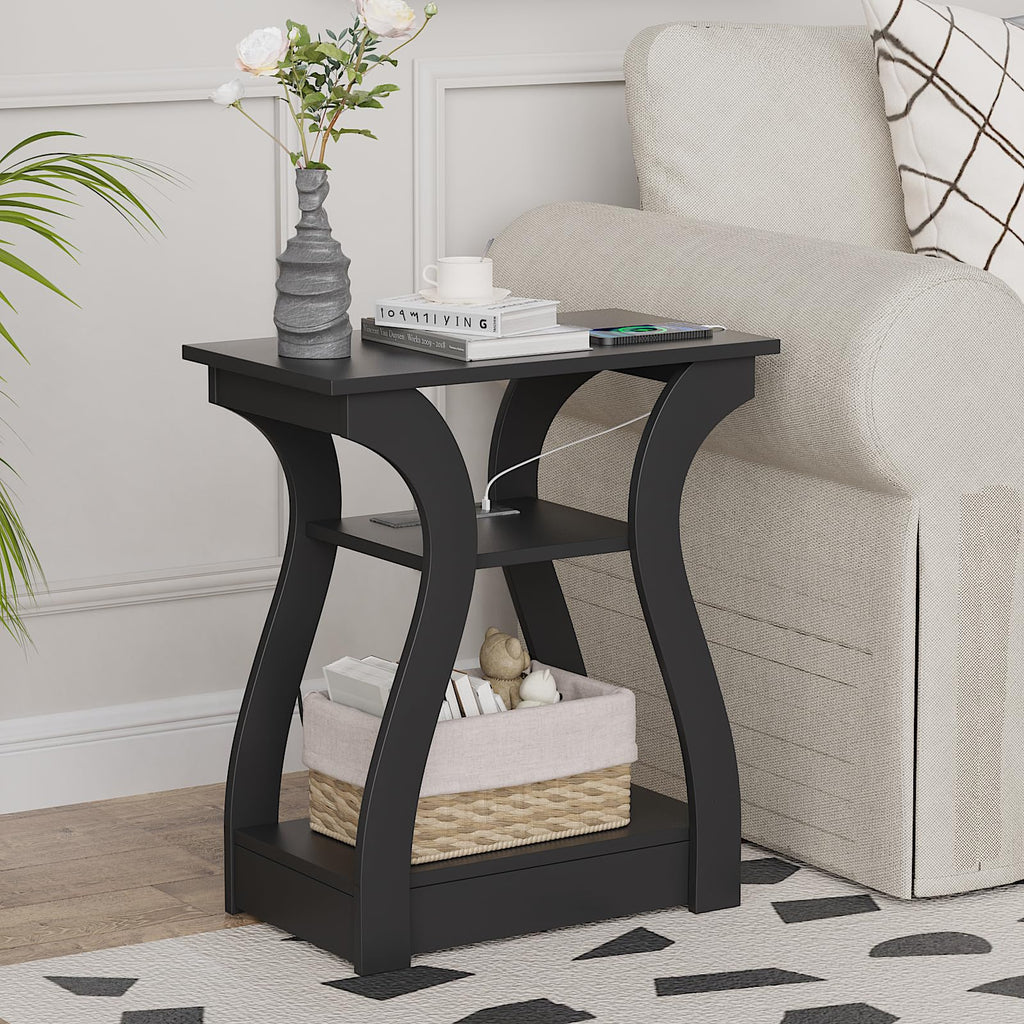 End Tables Living Room, White End Table with Charging Station,White Side Table, Nightstand for Bedroom, 3 Tier End Table with Storage Shelf for Living Room
