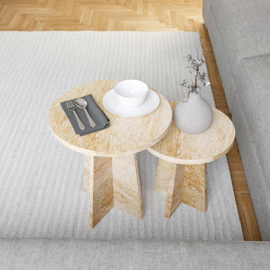 Travertine Efect Round Nesting Coffee Table Set of 2 Modern Coffee Table Small Side Table End Table for Living Room