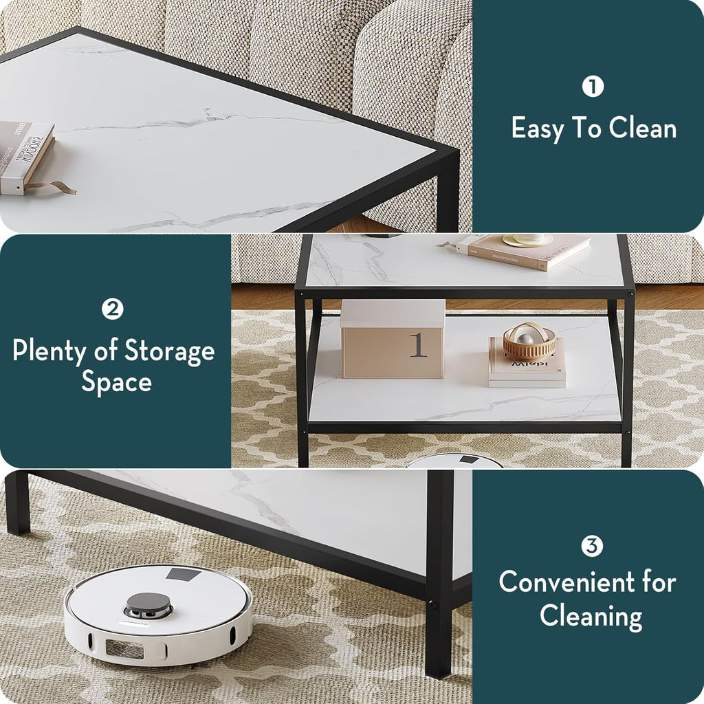 SAYGOER White Coffee Table with Storage 2 Tier Modern Suqare Coffee Tables for Living Room Small Faux Marble Center Table for Office Apartment Home, Easy Assembly