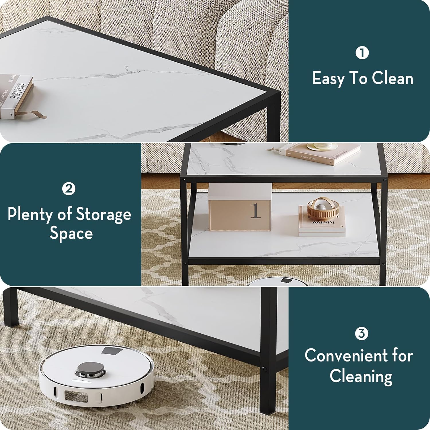 SAYGOER White Coffee Table with Storage 2 Tier Modern Suqare Coffee Tables for Living Room Small Faux Marble Center Table for Office Apartment Home, Easy Assembly