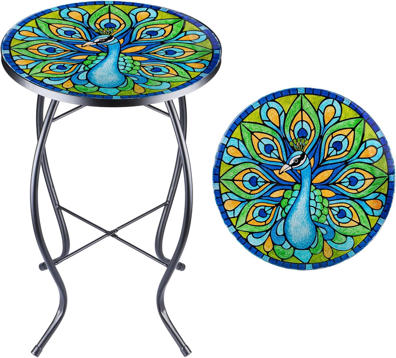 VCUTEKA Patio Side Table Outdoor Accent Table Bistro Coffee Table Plant End Table Small Porch Table Indoor Round Glass Balcony Plant Table Stands Peacock