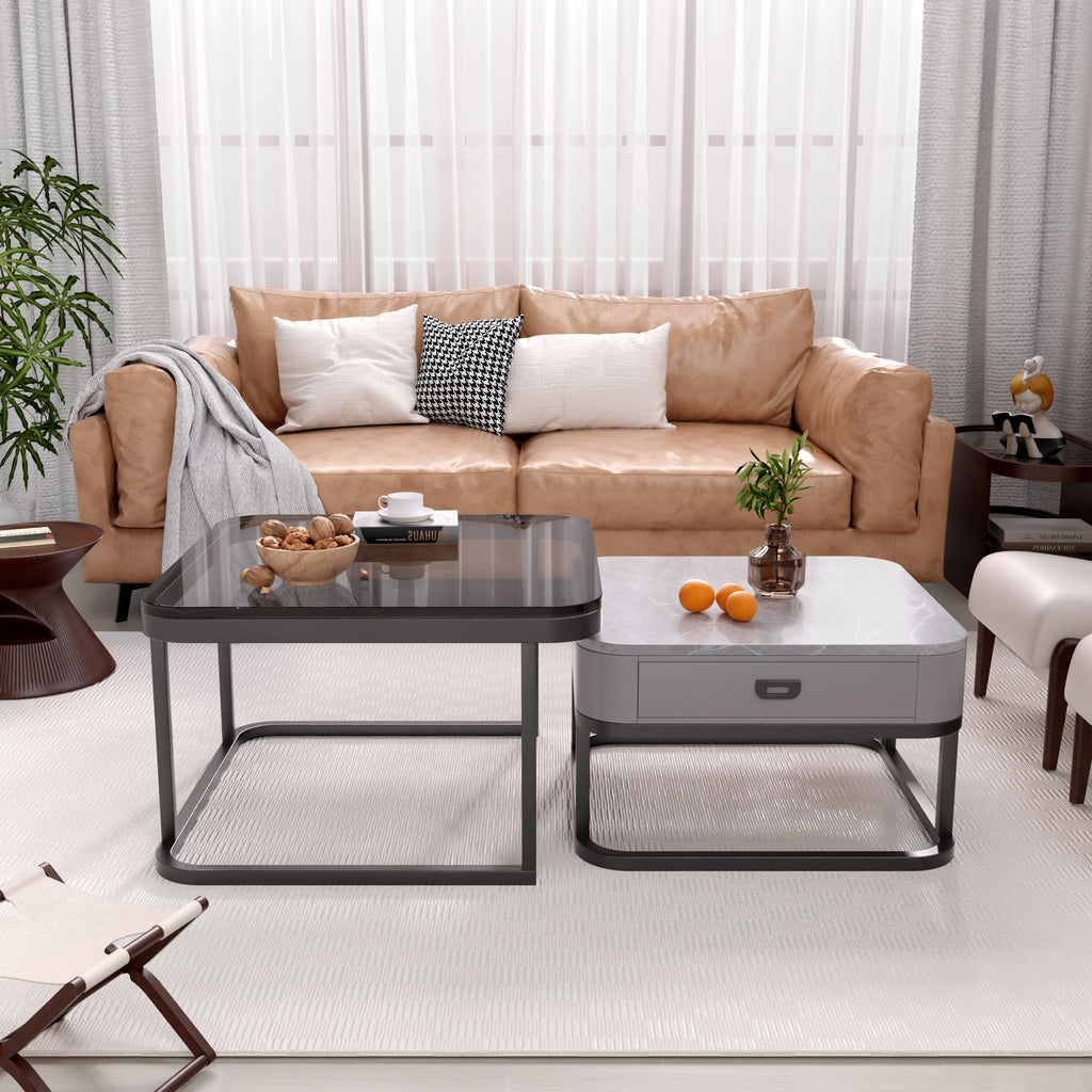 Jerry & Maggie Ø 27.5" Modern Nesting Coffee Table Set of 2, Round Glass Coffee Table & Side Table with Drawer, Tempered Glass & Leather Upholstery, Coffee Tables for Living Room, Small Space Friendly