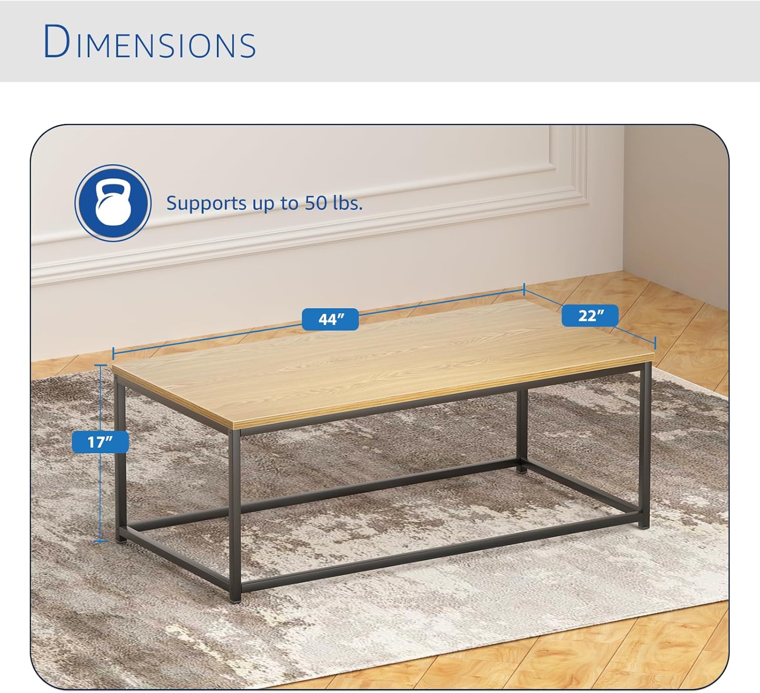 Modern Industrial Style Rectangular Coffee Table for Living Room, Bedroom - Rustic Accent Minimalistic Furniture with Wood Grain Top & Metal Frame - Center TV Table - Light Brown