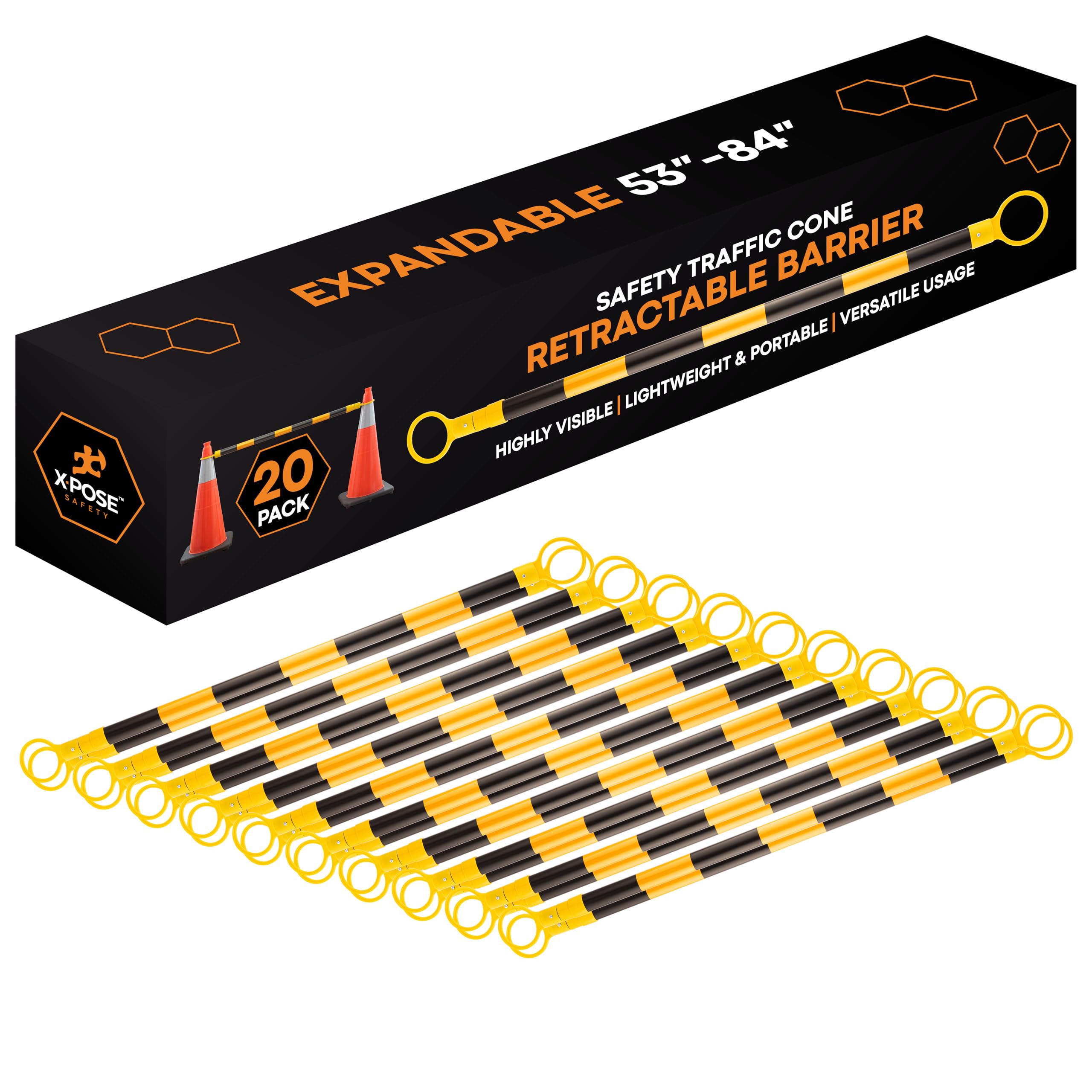 Retractable Barrier for Safety Traffic Cones - 2" OD - Large Yellow and Black Bar Barricade - for Road Construction, Parking, Warning, Temporary Security Divider (40, Orange & White, 72" x 120")