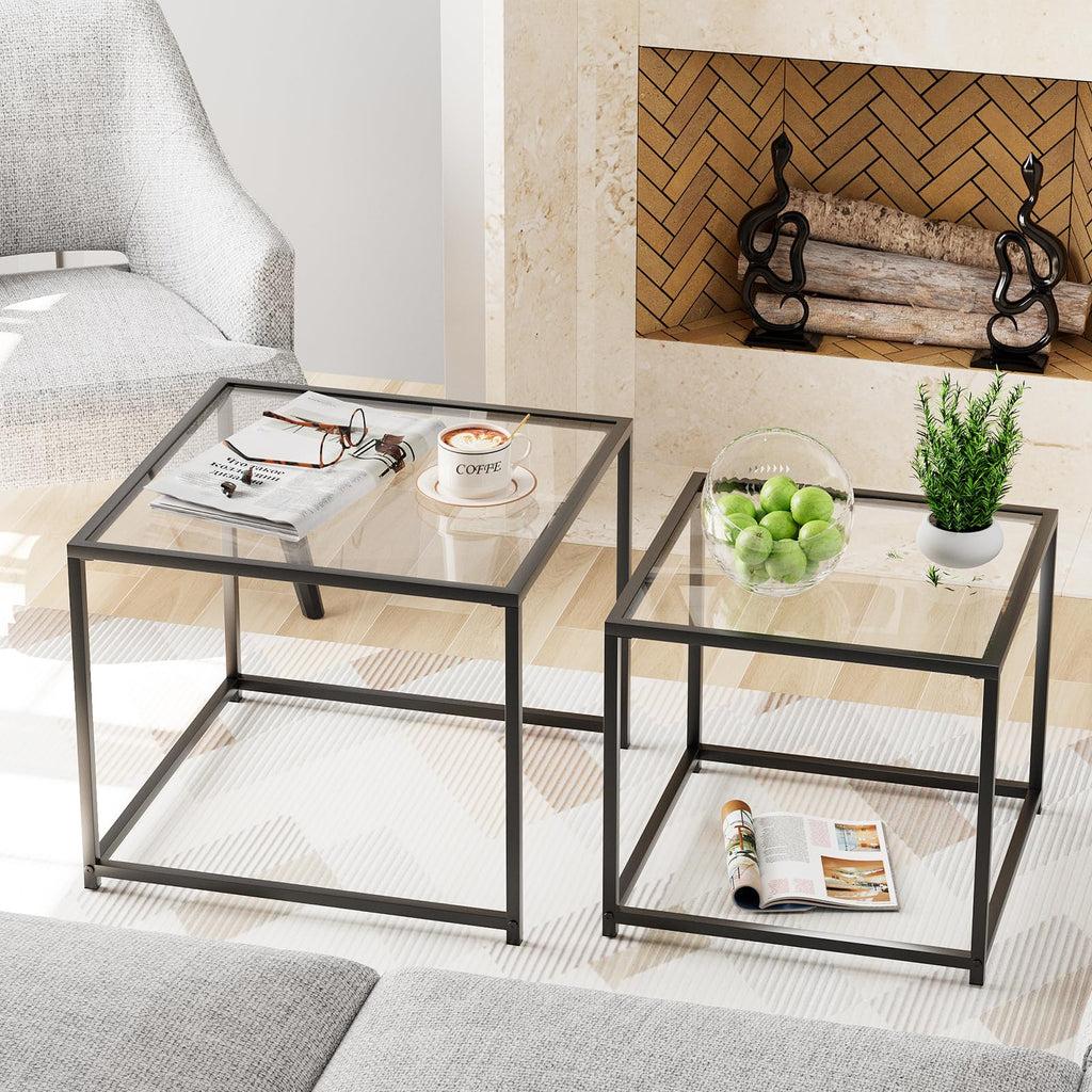 VILAWLENCE Coffee Table Set of 2, Modern Black Glass Side Table, Metal Frame Square End Table, Center Tables,Nesting Coffee Table for Living Room,Bedroom and Small Spaces