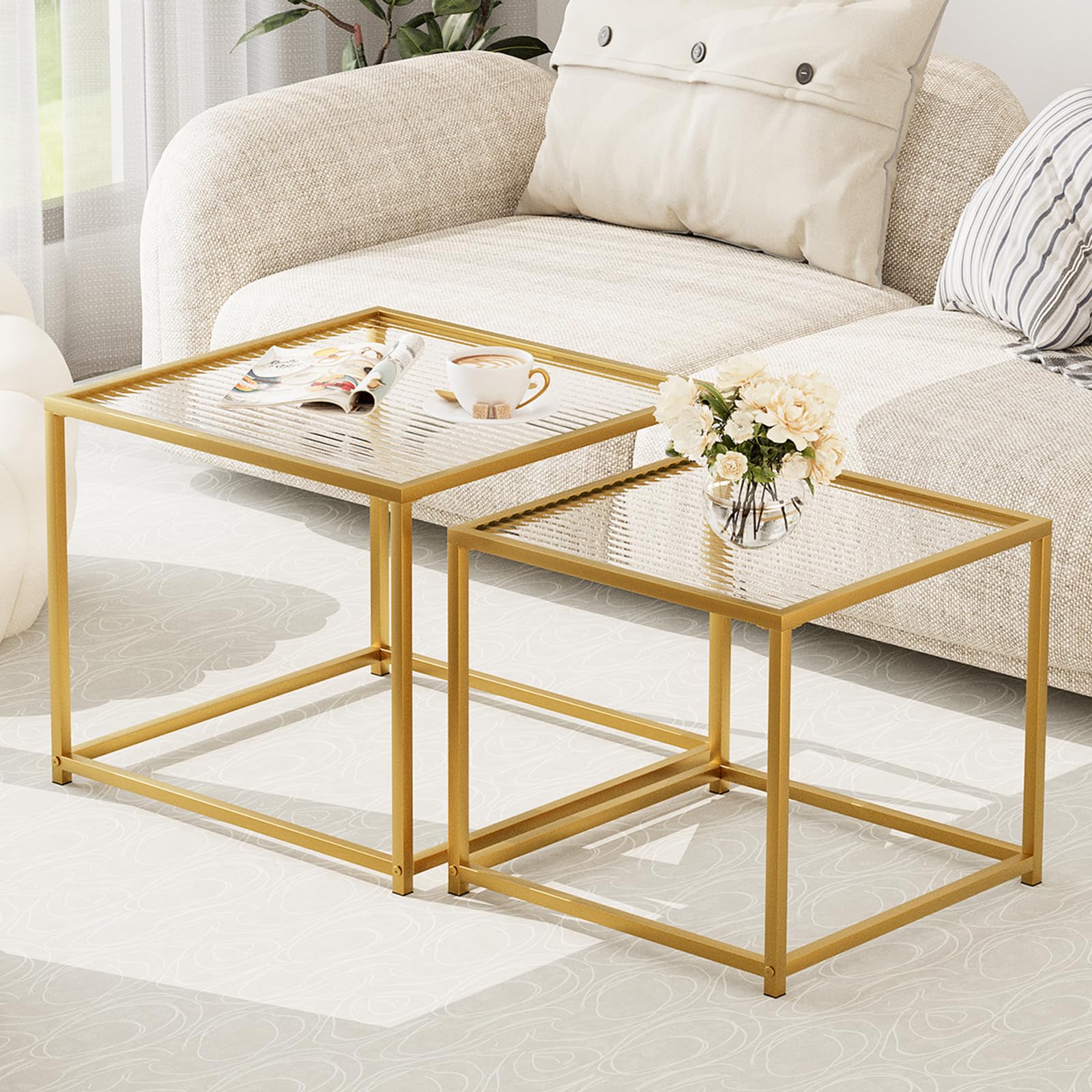 Garden 4 you Coffee Table Set of 2, Modern Engineered Wood Nesting Table, Metal Frame Square Center Table Set, Side Tables, Nesting Coffee Table for Living Room, Bedroom and Small Spaces, 23.6in Gold