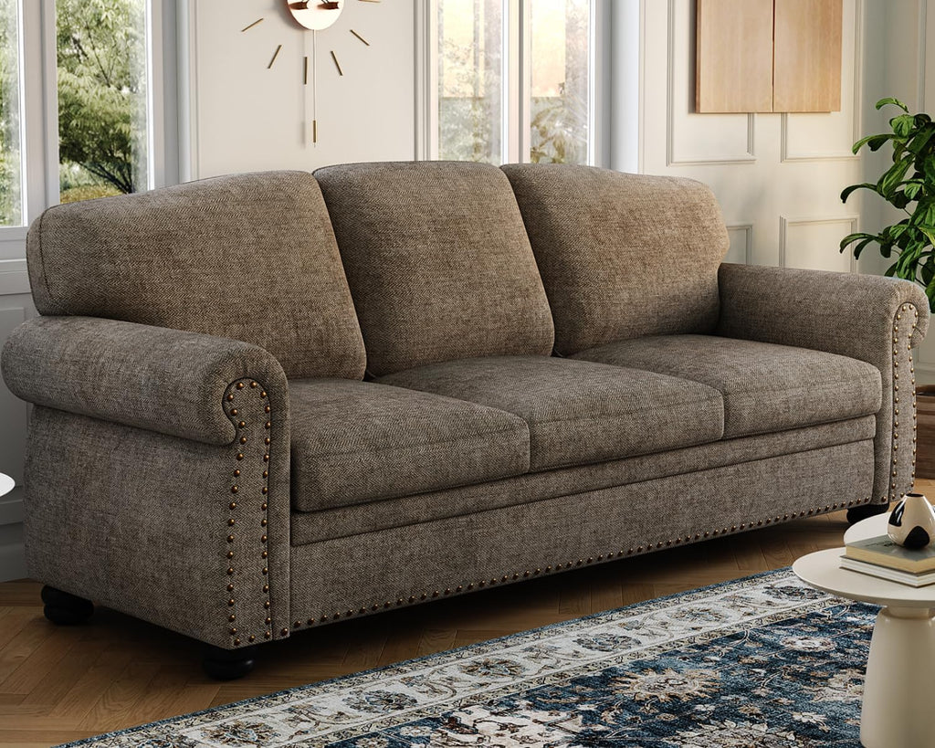 90 Inch Nailhead Trim Couch for Living Room, 23 Inch Deep Seat Rolled Arm Sofa, Comfy Upholstered 3 Seater Chenille Couch w/Wooden Leg, Large Traditional Sofa for Farmhouse, Brown