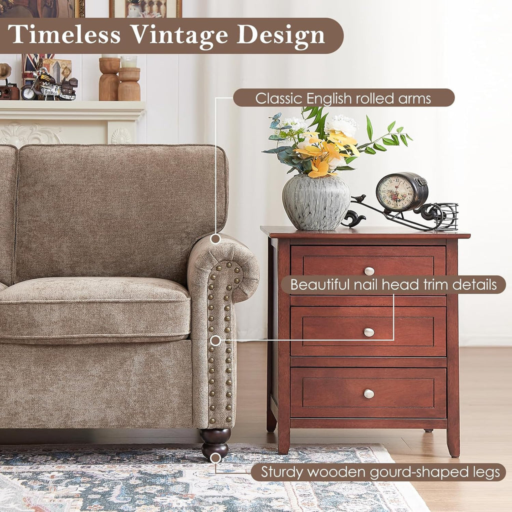 Rolled Arm Sofa with Nailhead Trim, 81.5" Living Room Couch, Comfy 3 Seater Chenille Fabric Couches, w/Deep Seat, Upholstered Brown Sofa for Bedroom, Apartment, Home Theater, Office