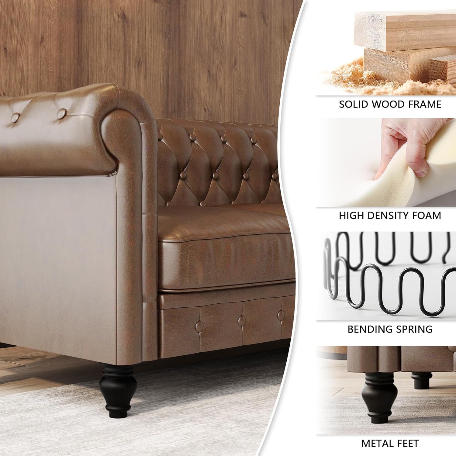 Leather Brown Sofa for Living Room Chesterfield 3 Seater Couch Sofa Comfortable Soft Sturdy Durable Furniture for Office Bedroom Apartment Hotel Place (03-Brown-80)