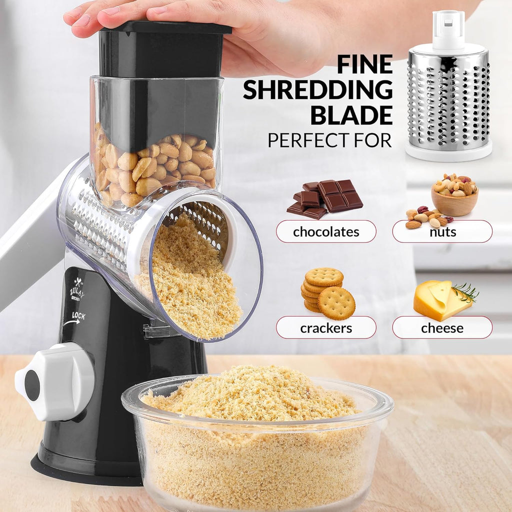 Zulay Rotary Cheese Grater 3 Blade Cheese Shredder - Manual Hand Crank Cheese Grater With Reinforced Suction & 3 Interchangeable Drums - Easy to Use Vegetable Chopper - Black