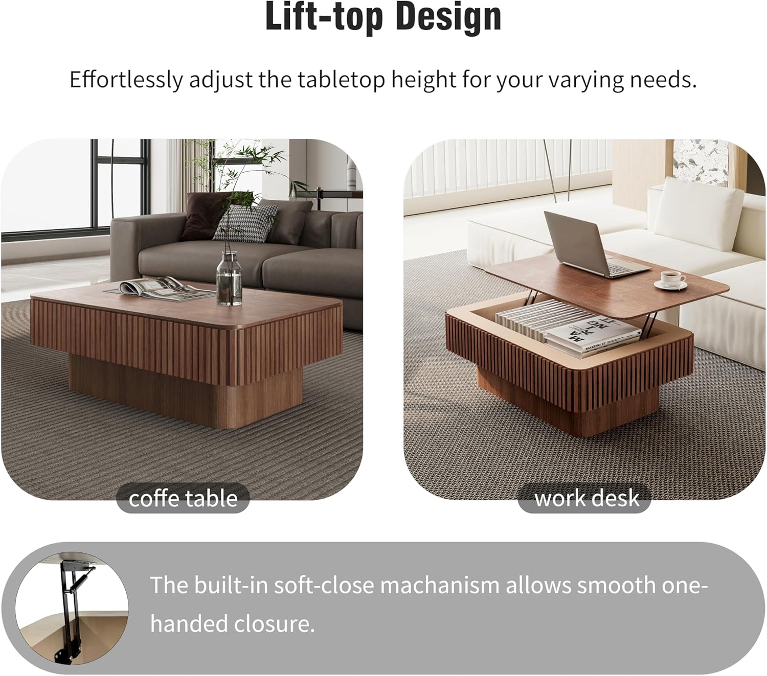 Lift Top Coffee Table with Storage for Living Room Mid Century Modern Coffee Table with Lifting Top Wood Fluted Coffee Tables with Lifts Up Tabletop for Home Apartment Office 38.6" Walnut Rectangle