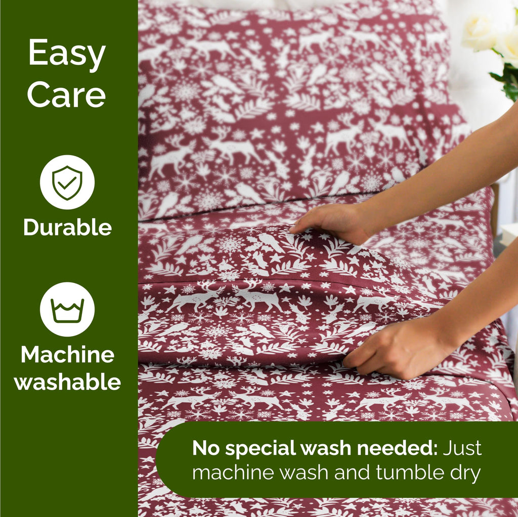 Komplet pościeli King Christmas Tree - Świąteczny wzór Xmas na lnie - Głębokie kieszenie - Dopasowany krój - 4 części - Bez zagnieceń - Wygodna i chłodząca świąteczna pościel zimowa - Łatwa w pielęgnacji - Przyjazna dzieciom