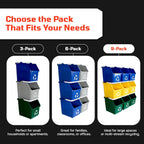 Multi Bin Recycling System with Three Stackable 6 Gallon Recycle Bins to Build Your Recycling Center for Offices, Kitchen, Garages, Businesses (3 Pack, Blue/Grey/Green)