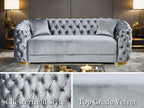 THSUPER 89'' Luxury Velvet Chesterfield Couch, 3 Seater Vintage Button Tufted Victorian Sofa with Wide Armrest, Grey Modern Sofas with 2 Pillows and Gold Metal Legs for Living Room,Office, Hotel