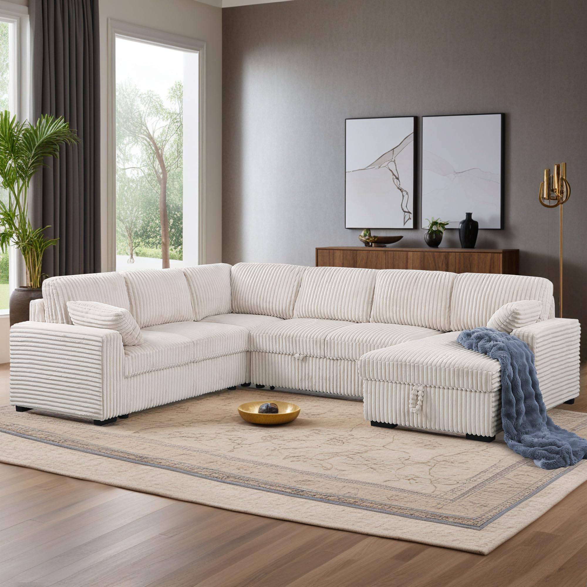 Oversized U-Shaped Sleeper Sectional Sofa Modern Fluffy Corduroy Upholstered Corner Convertible Sofabed with Pull Out Sleeper Couch Bed ,Storage Left Chaise and Pillows for Living Room Furniture Sets