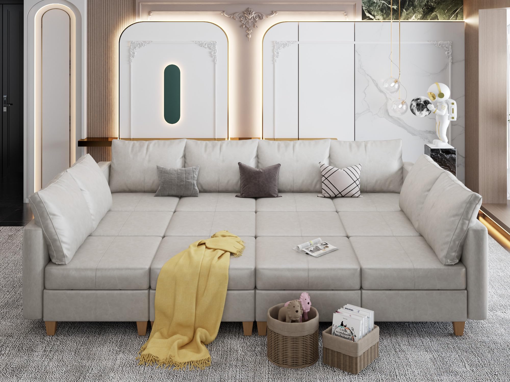 EASE MOOSE Faux Leather Sectional Sofa Sleeper Couch with Storage,Faux Leather Moduar Sectional Sleeper Sofa Bed Modular Couch for Living Room